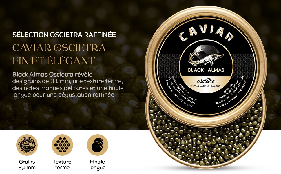 Gros plan du Caviar Osciètre Black Almas aux grains ambrés et brillants