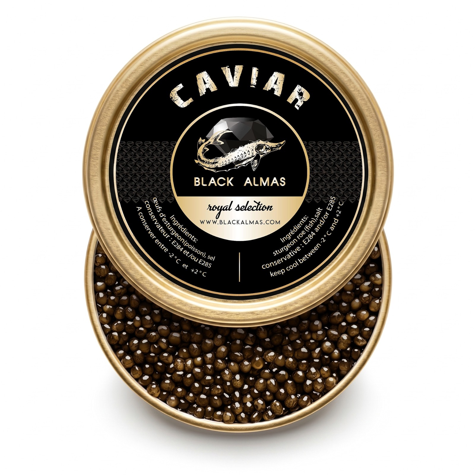 Boîte ouverte de Caviar Royal Selection Black Almas