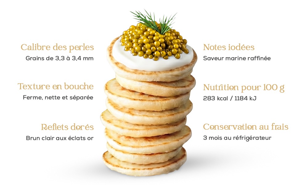 Gros plan du Caviar Impérial Gold Black Almas aux grains dorés