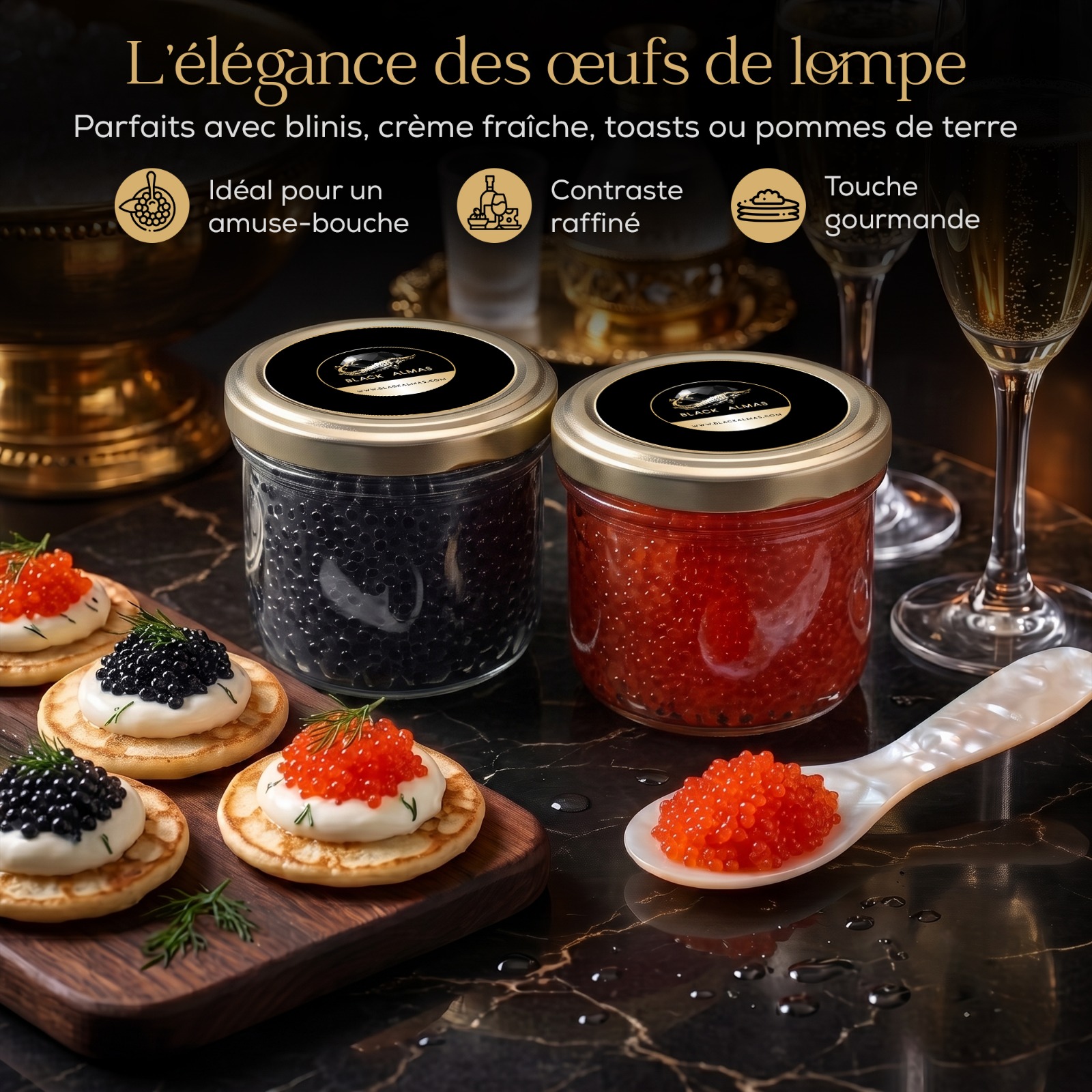 Grains d'œufs de lompe noirs et rouges