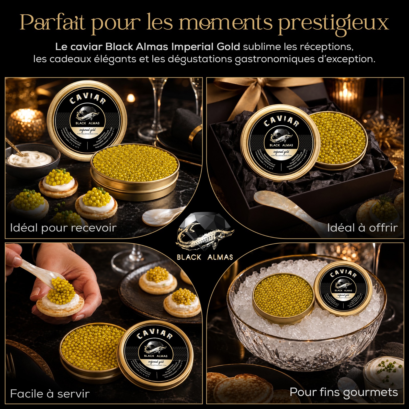 Dégustation de Caviar Impérial Gold Black Almas avec cuillère en nacre.