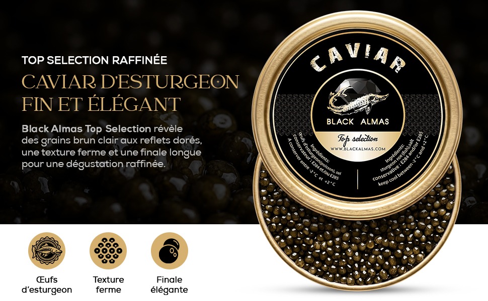 Gros plan du Caviar Top Selection Black Almas aux grains brillants