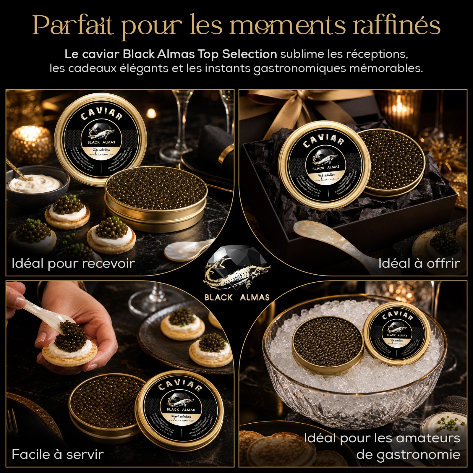 Dégustation de Caviar Top Selection Black Almas avec cuillère en nacre